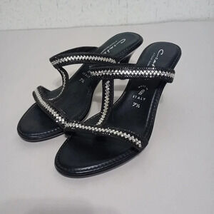 Contesa by Italian Shoemakers Black Leather Embroidered Heels Sz 7.5 Preppy